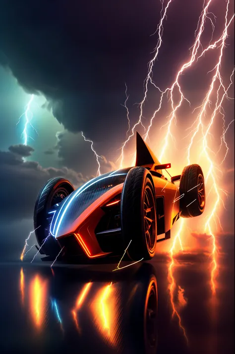 a car with lightning coming out of it in the dark, daniel maidman octane rendering, background artwork, 3d high octane render, inspired by Mike Winkelmann, octane trending on cgsociety, car concept art, racecar, cinematic front lightning, detailed lighting...