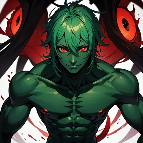 male black skinned humanoid monster with three red eyes and green markings under his eyes