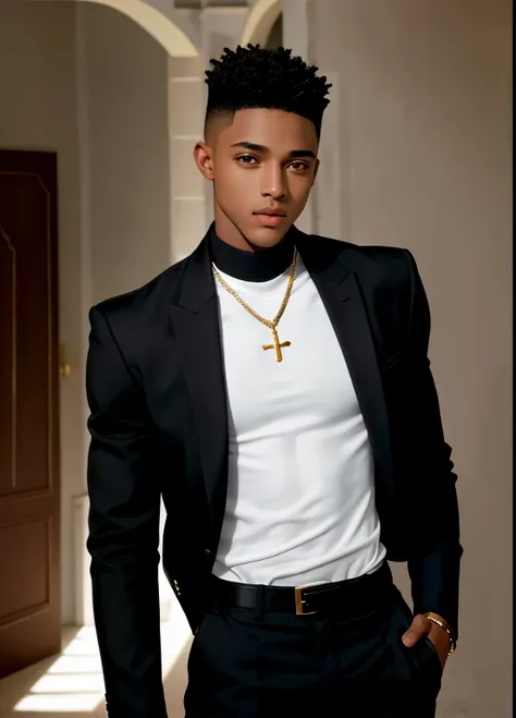 Black Boy, jeune, coupe de cheveux basse, yeux bruns, torse nu, Acteur Keith Powers, sans barbe, jeune, 16 ans, photo lumineuse