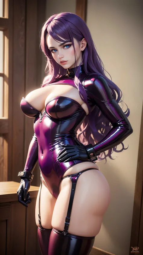 (best quality,4k,8k,highres,masterpiece:1.2),ultra-detailed,(realistic,photorealistic,photo-realistic:1.37),blue eyes,purple hair,long wavy hair,25 years old,red latex suit,high heels,BDSM,NSFW,BDSM, Slave, Red Rubber, Red Corset, Red Bondage