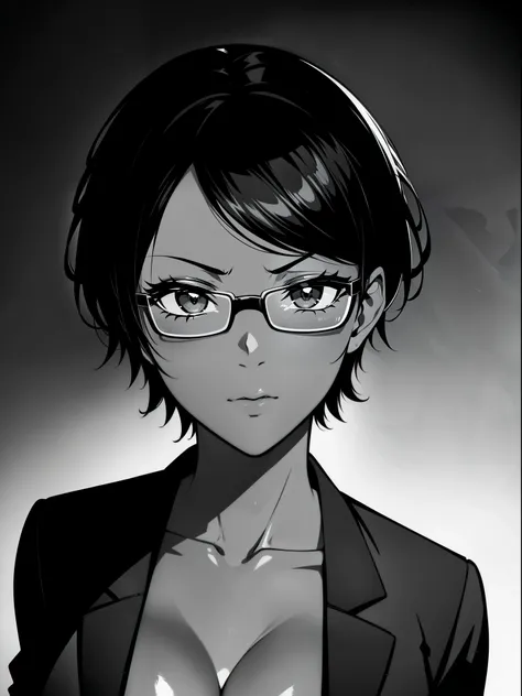 {8k image}, 1beautiful woman (dark skin), 20 years old, short black hair (pixie cut), scar on nose, busty, wearing glasses, wearing a black shirt with sports jacket, looking at the viewer with a serious expression, facing the camera, looking ahead, close u...