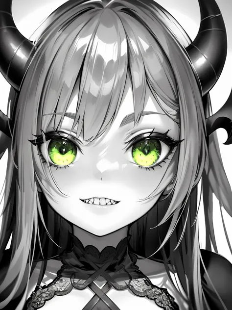 monochrome green style, close up, 1girl, demon girl, horns, sharp teeth, lime colored eyes, looking at viewer, 
hard lighting, best quality, intricate, highly detailed, masterpiece,