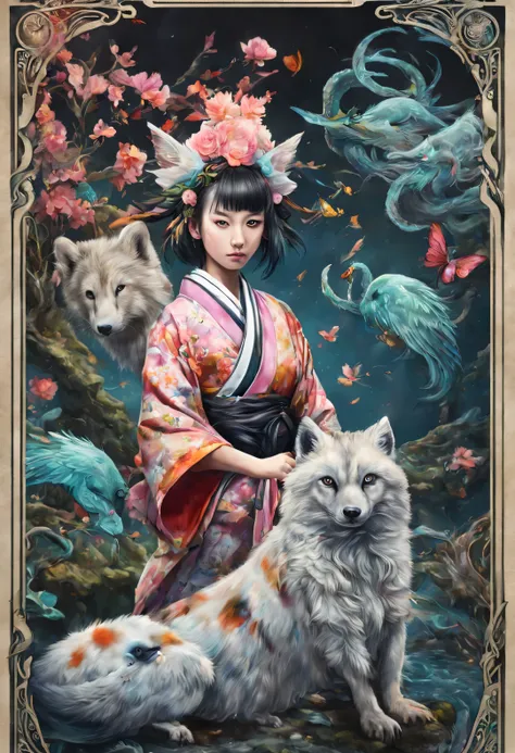 wild animals unable to escape the toxic fumes, suibokuga, coy and alluring, psytrance, kimono, tarot card, cinematic ultra realistic, hyper realism