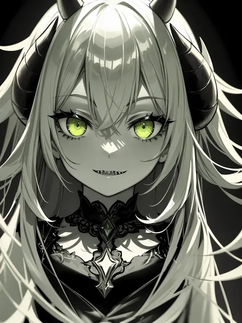 monochrome green style, close up, 1girl, demon girl, horns, sharp teeth, lime colored eyes, looking at viewer, 
hard lighting, best quality, intricate, highly detailed, masterpiece,