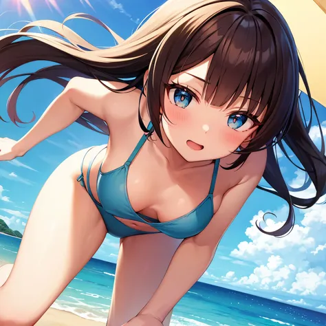 21 years old girl, wavy long hair, dark brown hair colour, blunt bangs, blue eyes, Anime style, Bikini, beach, sunshine, water, having fun, jumping