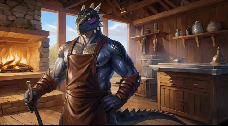 (kemono, by chunie, by narse, by dagasi, by syuro), male, 1boy, argonian, black scales, shine eyes, handsome face, blacksmith, d...