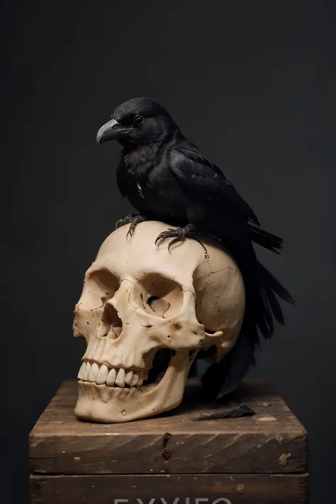 Crow sitting on only skull, wisdom, skull facing front