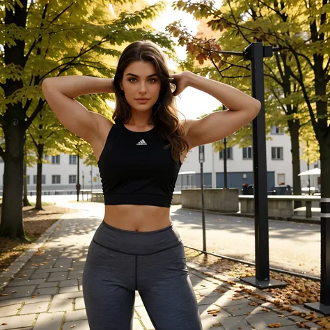 Create full-body photos of autumn, The stunning brunette influencer, Mitte 20, ca. 54" hoch, Mit langen, Das gewellte kastanienbraune Haar fiel ihr anmutig auf die Schultern. Sie hat eine athletische Sanduhrfigur, betont durch ihre volle Oberweite. Ihr Tei...