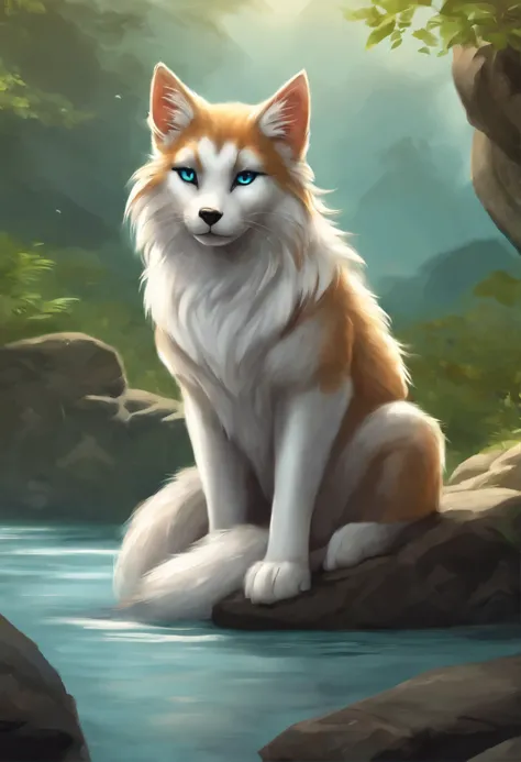 Anime Cat with green eyes and mouth open sitting on a rock, realistic Anime Cat, Warrior cats fan art, very very beautiful furry art, ashfur from Warrior cats, Anime Cat, white wolf, white fox anime, Growling, furry wolf, white wolf with blue eyes, a white...