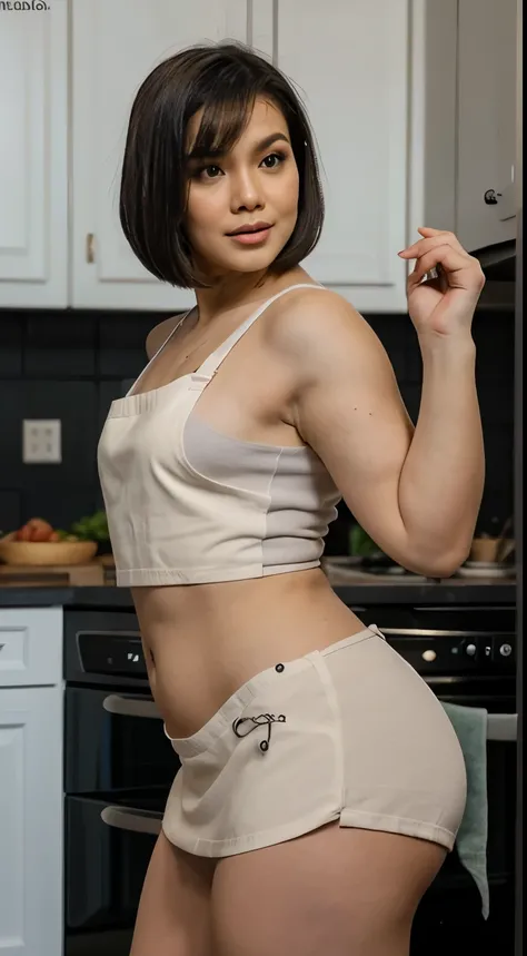 Create an elegant kitchen scene as the Malay girl naked and wears a tailored apron and prepares a gourmet meal, short black hair, bob haircut with bangs, small abs, wide hips, thick thighs, small round ass, petite, focusing on her petite charm and the intr...