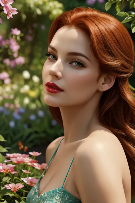 Triss Merigold face, detailed beautiful eyes, full red lips, extremely detailed facial features, long eyelashes, outdoor sunny day, warm sunlight, soft shadows, picturesque garden, vibrant plants and flowers, colorful butterflies, tranquil atmosphere, real...