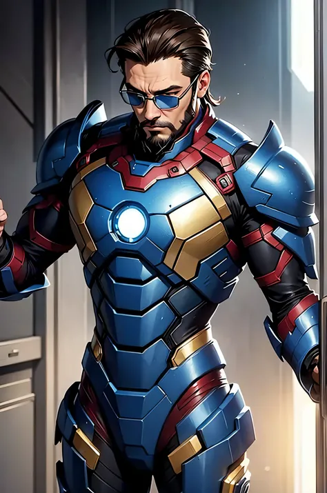 Blue and black Ironman suit with gold accents, without helmet, man with goatee and beard, slick back brunette hair, with black glasses