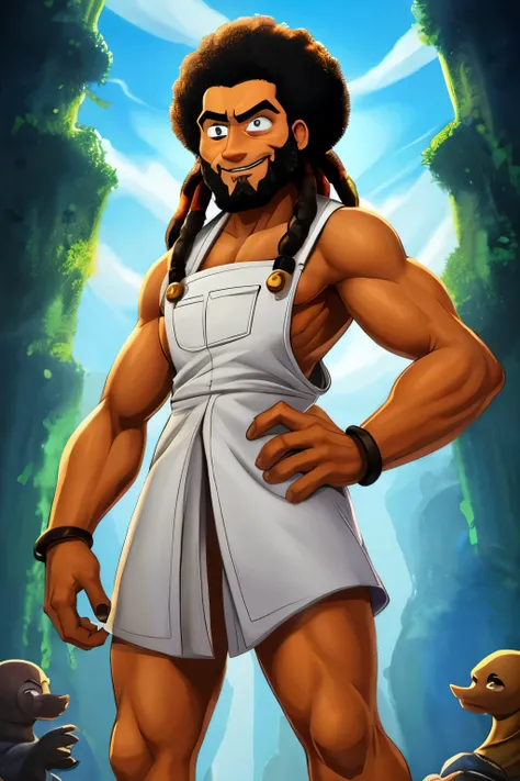 Qualidade de arte original, imagem de corpo inteiro, Disney character animation style,   ,negro Moreno mulato,cabelo afro jovem e bonito caindo para frente, Rasta type but braided, JESUS DEUS, standing posture, hands naturally placed on both sides, olhando...