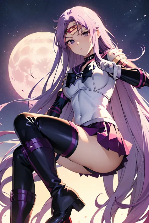 masutepiece, Best Quality, 1girl in, (Medusa),Purple hair, (black eyes:1.2),((Sailor Senshi))、((a miniskirt))、((embarassed expression))、((fullmoon))、((Photo from below))、((thigh high boots))、((Long))、((White Long Gloves))、