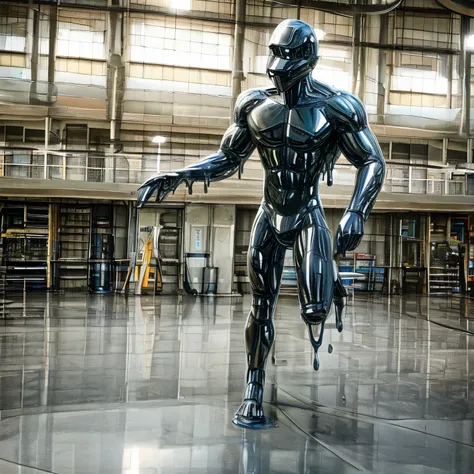 Hd cinematic photorealistic, human helicopter hybrid metamorphosis, a man coated in liquid metal goo emerging from a liquid metal nanite reservoir inside military hanger, human Apache helicopter hybridization, safe for work