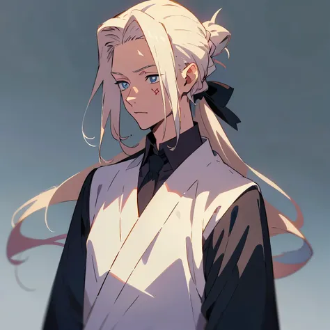 Create an anime character for me. Male. Platinum blonde hair, long hair style with a man bun. He is a teenager, around 19 years old. He has blue eyes, and rose tattoos on his neck. Make sure the tattoos are on his neck. Make him wear a gray sweater. White ...