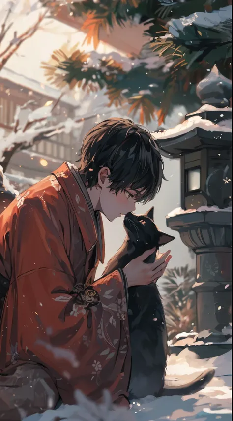 A handsome young man celebrates the New Year in a traditional Japanese setting. The moment just before he picks up a black cat and kisses it. A quiet garden covered with snow. The garden has a small pine tree and a stone lantern covered with snow, softly i...