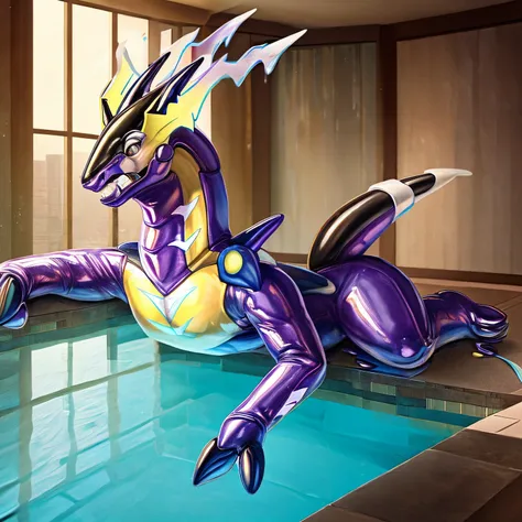 Hd, photorealistic, masterpiece, Swimming in abandoned overgrown hotel indoor pool, college man latex Miraidon pooltoy hybridization metamorphosis, panicked expression, half human, latex goo coating