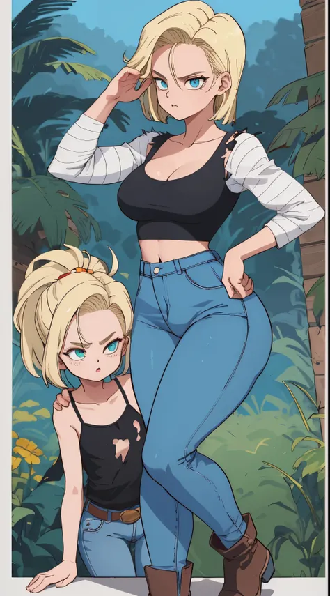 ((master part,best quality)), cabelos loiros, cabelo amarelo, absurdos, android_18_.DB, Denim Jeans Pants, camisa manga longa listrada, colete jeans azul, sozinho, cara de choro, Olhando para o horizonte, cowboy shot, cinematic composition, dynamic pose, ...
