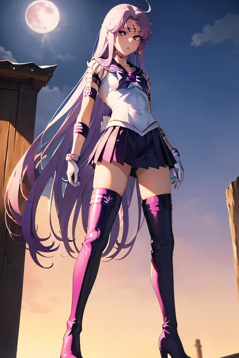 masutepiece, Best Quality, 1girl in, (Medusa),Purple hair, (black eyes:1.2),((Sailor Senshi))、((a miniskirt))、((embarassed expression))、((fullmoon))、((Photo from below))、((thigh high boots))、((Long))、((White Long Gloves))、