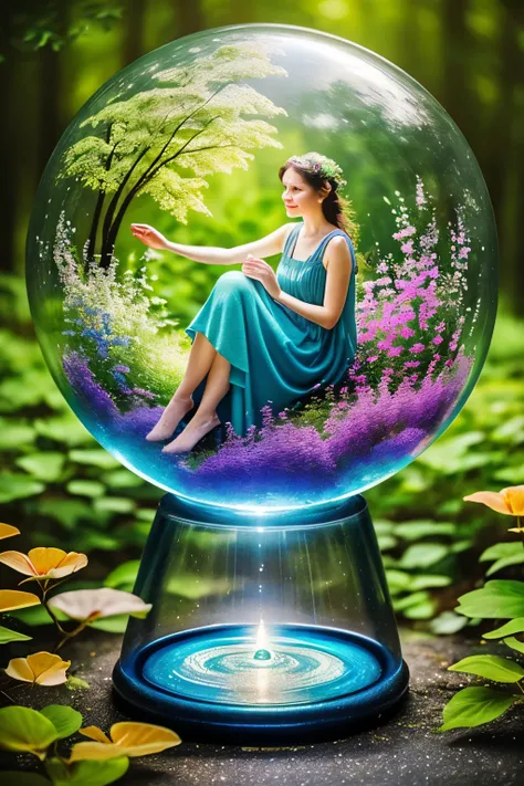 In the image described, a woman is portrayed sitting inside a delicate glass globe. This globe is surrounded by an enchanting landscape filled with lush trees and breathtaking scenery, imparting a sense of whimsy and magic. The image evokes the feeling tha...