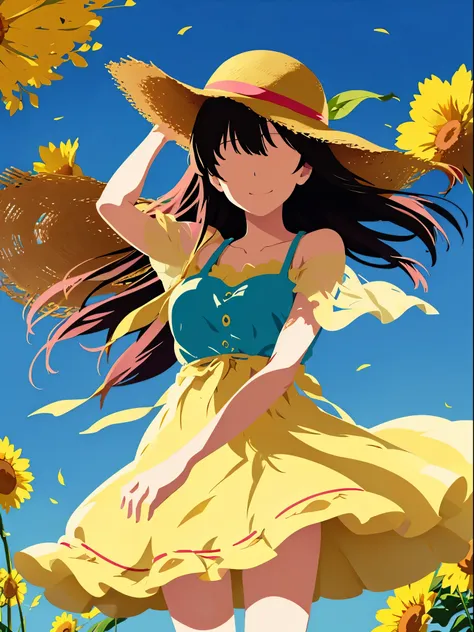 1girl,solo, facing viewer, looking at viewer, smile, long hair,summer dress, straw hat, blowing wind