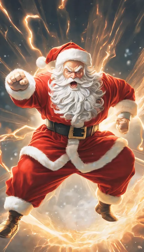 best quality illustration, santa claus, super saiyan pose, energy burst, dynamic lighting, epic