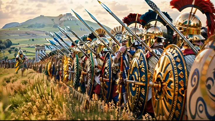 photography of a men wearing feathered helmet and shields and spears in a field, leading spartans into battle, ancient battlefie...