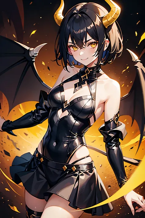 1girl, black short hair, yellow eyes, demon girl, demon wings, flat chest, evil, smile, masterpiece, ultra-detailed