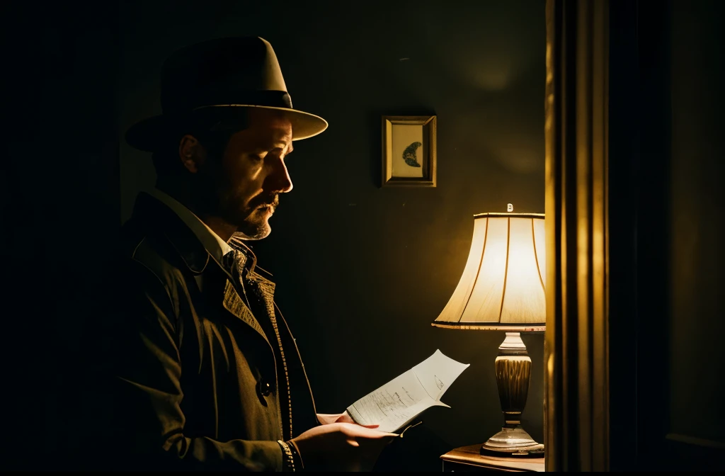 closeup of Detective John Black, dimly lit office, reading an anonymous letter, mysterious, long-lost treasure hidden, abandoned mansion, investigation, intrigue, suspenseful atmosphere, dusty room, vintage furniture, flickering candlelight, worn-out carpe...