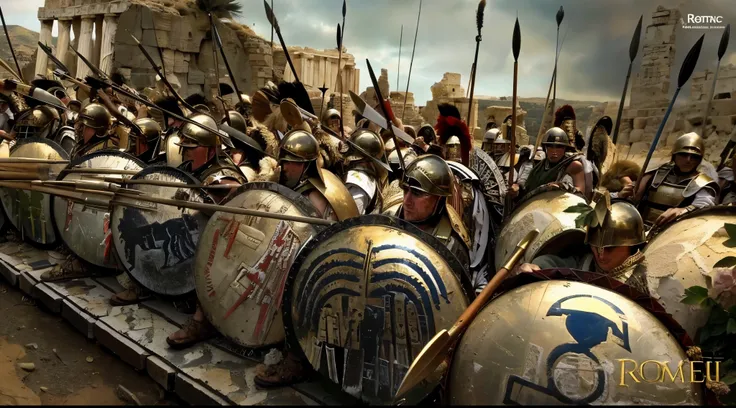 photography of a group of soldiers wearing linothorax armor and feathered helmet and greaves and sandals, standing on a hill, dry, summer, mediterranean landscape, holding shield, holding spear, with shields and spears, leading spartans into battle, fall o...