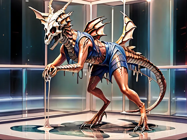 Hd, photorealistic, half transformation, close up, college girl skeletal dragon hybridization metamorphosis, dressed in casual clothes, wearing dragon skull mask, humanoid, half human, melting flesh, alone inside mythical creature natural history museum at...