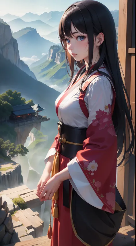 Masterpiece, ultra High res, super detailed, (ultra realistici:1.4), (1 girl), brigh beautiful japanese girl, sunlight,fog,mountains,Flying, beautiful colorfull clothes