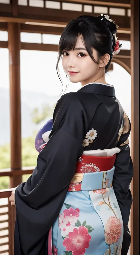 Best-quality, Masterpiece, Ultra-High-Resolution, (Photorealistic:1.4), Raw-Photo, Extremely-Details, Perfect-Anatomy, 1girl, the most famous Japanese idol, innocent-smile, ((wearing only extremely gorgeous KIMONO with blighted color, upturned ass wearing ...