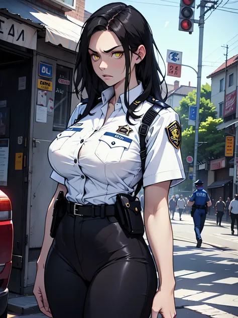 (1 girl busty) black hair yellow eyes angry huge breasts pale skin tight police uniform shirt