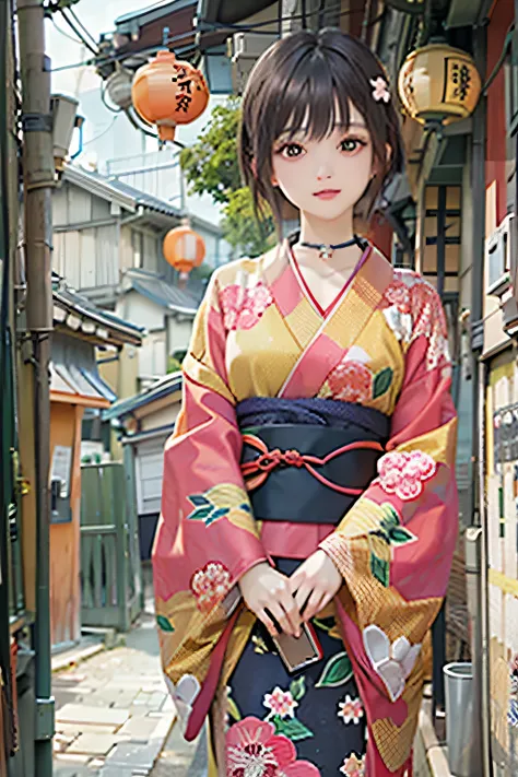 (top-quality,8K picture quality,​masterpiece:1.3,hight resolution,masutepiece:1.2), Front view:0.8, Looking at Viewer, 23-year-old woman, Looking at the camera,((Japanese dress, Kimono:1.4,a choker:1.4),(Short bob hair:1.2,A dark-haired), (Back alley:1.3),...