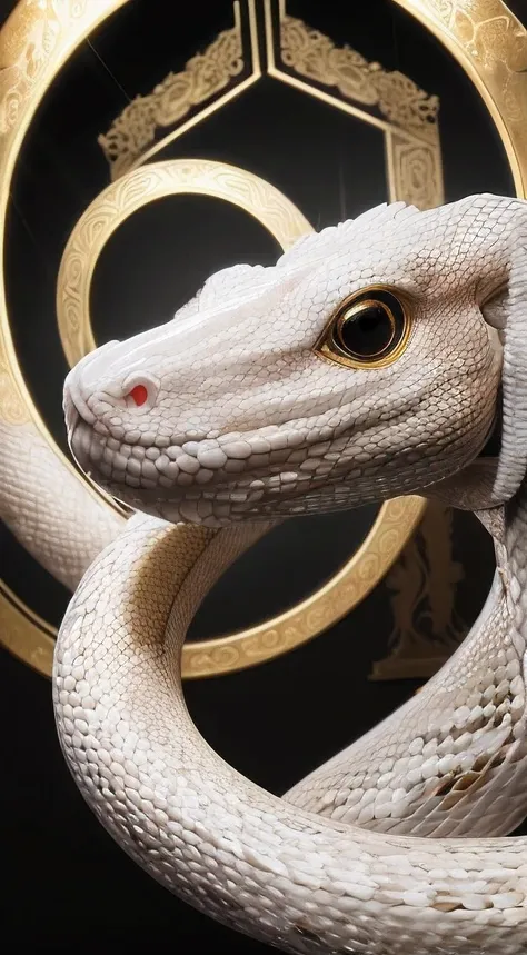 masutepiece, Best Quality, 8K, 4K, A White Snake, Black eyes, temple, Front view, Front face, head shot, One head, glowing aura, Inside the temple, Bright background, 金色にBright background