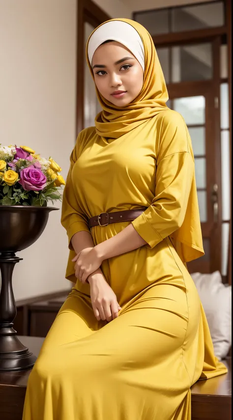 ( Close Up),RAW, Best quality, high resolution, masterpiece: 1.3), beautiful Malay woman in hijab,Masterpiece, perfect fit body, big breast,big gorgeous eyes, Soft smile,beutiful face,thick thighs, sitting, woman in a long skirt and a yellow shirt is stand...