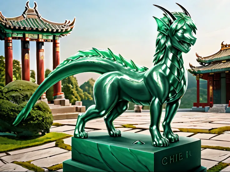 HD, photorealistic, half transformation, college girl stands on empty stone statue plinth outside of cursed eastern temple, human chinese dragon hybridization jade Petrification transformation, Petrification curse, glowing magic, you panic as you morph int...