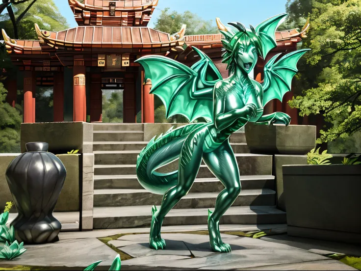 HD, photorealistic, half transformation, college girl stands on empty stone statue plinth outside of cursed eastern temple, human chinese dragon hybridization jade Petrification transformation, Petrification curse, glowing magic, you panic as you morph int...