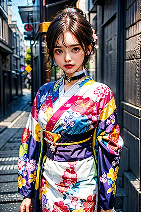 (top-quality,8K picture quality,​masterpiece:1.3,hight resolution,masutepiece:1.2), Front view:0.8,full body Esbian:1.2, Looking at Viewer, 23-year-old woman, Looking at the camera,(Japanese dress, Kimono:1.4,Komono:1.2,with floral pattern, a choker:1.4),(...