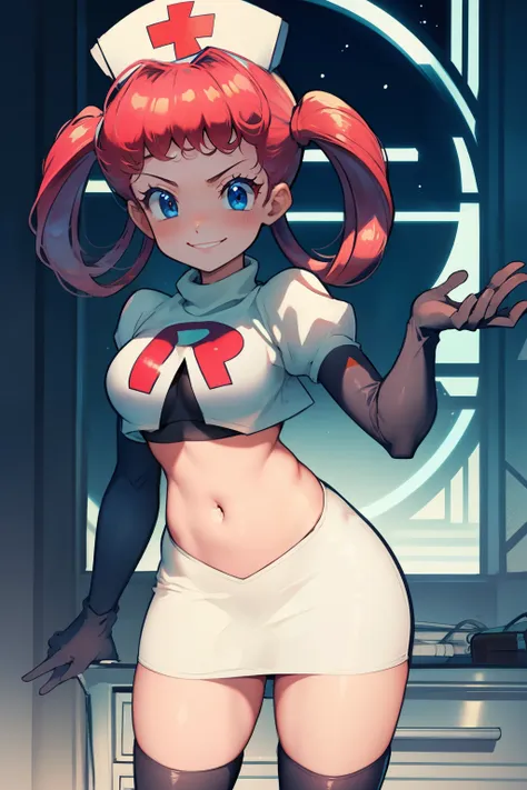 nurse joy, hair rings, bangs, team rocket,team rocket uniform, red letter r, white skirt,white crop top,black thigh-high boots, ...