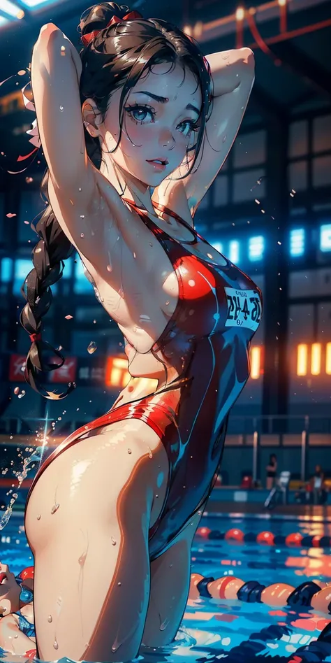 realisticlying、Versatile sexy poses、diagonal backward angle、super high saturation、8K、Braid hair(((A 12-year-old girl)))、((she is wearing a red and white swimsuit。))Competitive swimmers、Please make your thighs a little thicker、emphasize muscularity。、Beautif...