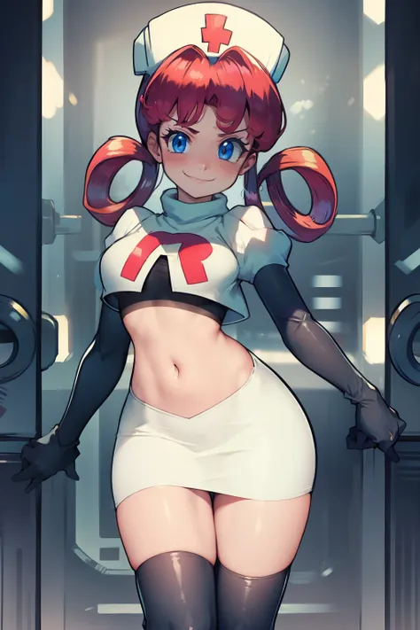 nurse joy, hair rings, bangs, team rocket,team rocket uniform, red letter R, white skirt,white crop top,black thigh-high boots, black elbow gloves , looking at viewer, evil smile