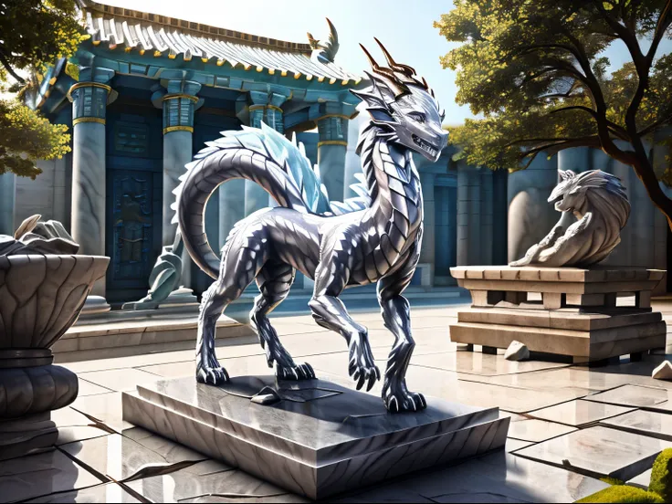 HD, photorealistic, half transformation, college girl stands on empty stone statue plinth outside of cursed eastern temple, human eastern dragon hybridization gradual petrification transformation, petrification curse, glowing magic converting flesh to ston...