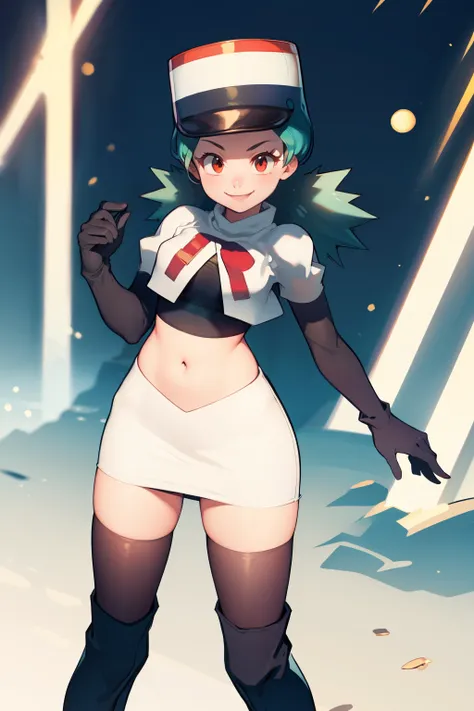 pkmnjenny, white hat with red r ,team rocket,team rocket uniform, red letter r, white skirt,white crop top,black thigh-high boot...