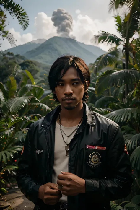 Papua new guinea in a car with a black jacket and a cell phone, male ulzzang, jinyoung shin, jinyoung shin aesthetic, 1 7 ok, boy has short black  rasta hair,  photorealistic, cinematic,  kettle on the fire beside in in the jungle   on a background police ...