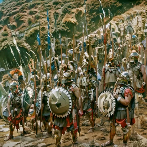 photography of a crowd of soldiers wearing linothorax armor and feathered helmet and greaves and sandals, standing on a hill, dry, summer, mediterranean landscape, holding shield, holding spear, with shields and spears, (La mejor calidad, Altas Resolucione...