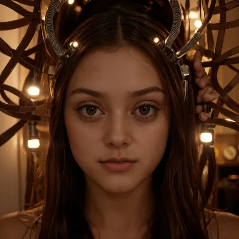 face photograph of a young latin woman, con parecido a Dakota Fanning, brown-hair, foto sobria, sensualidad, behind it it is connected to artificial intelligence servers, cables luminosos