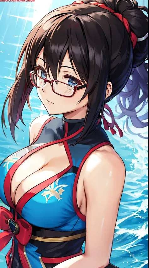 an anime style image of (AYHP) woman, 2.5d, c cups, 1girl, centered, glasses, squinty eyes, black hair backbun, backlit, sunlight, warm colors, best quality, hd, masterpiece,